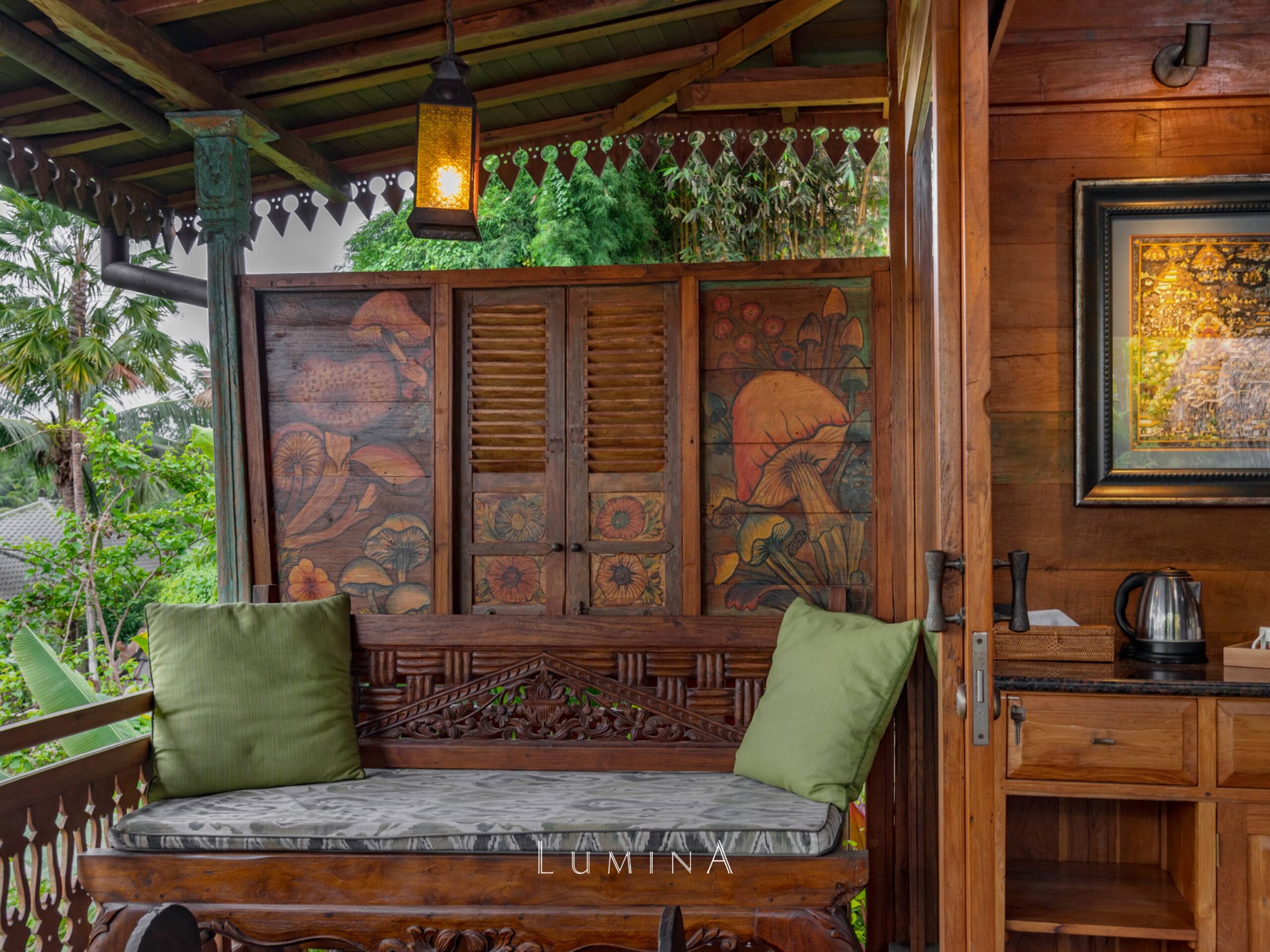 Balinese wooden sofa room at Lumina Wellness Ubud